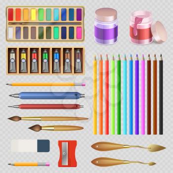 Realistic artistic tools isolated on transparent background. Vector paint instrument, brush and pencil for draw illustration