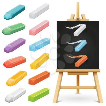 Realistic school chalkboard easel and color chalks isolated on white background. Chalk sketch color, drawing background chalkboard. Vector illustration