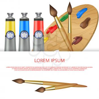 Paints and palette. Vector banner or poster template with artistic tools for drawing illustration