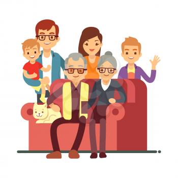 Cartoon style family isolated on white background. Grandparents Day happy old couple with grandsons. Grandmother and grandfather, grandparent and grandson. Vector illustration