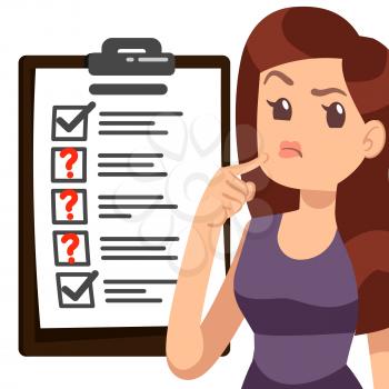 Testing woman. Cartoon character girl thinks about her checklist. Bad time management vector illustration
