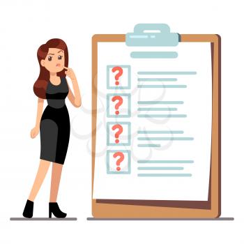 Cartoon young standing woman thinking about time management. Businesswoman have problems with her to do list. Illustration of thinking trouble, checklist with question marks