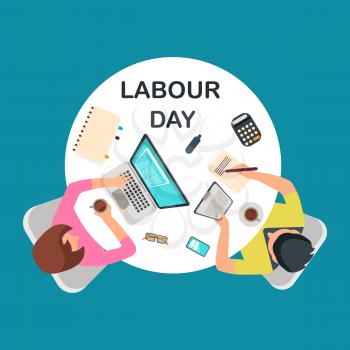 Top view people couple work at table. Labour day vector banner illustration