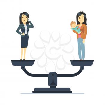 Businesswoman and happy woman kid on scales. Work and life balance business vector concept. Balance business life and family with kid illustration