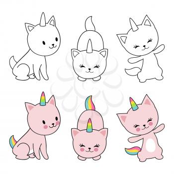 Cartoon character cats unicorn isolaten on white background. Kids coloring with cute kittens. Vector unicorn cat, funny animal character illustration