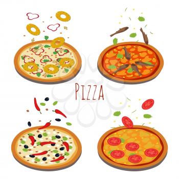 Set of different pizzas with falling ingredients. Pizza with tomato and cheese, pineapple and seafood illustration vector