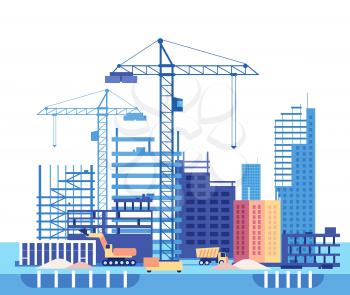 Building house. Work process of buildings construction and machinery. Flat vector concept development structure with equipment, skyscraper tower illustration