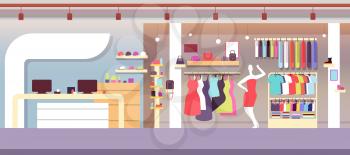 Fashion shop. Boutique fashion store with female clothes and women bags. Shopping mall vector interior. Illustration of wardrobe shop interior, illustration retail with clothes