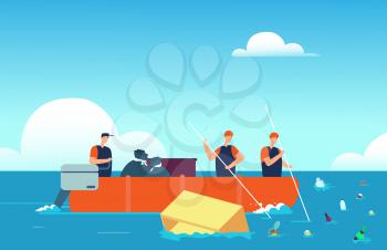 World ocean pollution. People in boat collecting plastic garbage in sea. Polluted water enviroment cartoon vector illustration. Ecology ocean water, trash plastic in sea