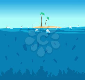Plastic pollution of ocean. Bottles, plastic bags and debris on the seabed. Water environment protection eco vector concept. Illustration of ocean plastic pollution, island with green palm in sea