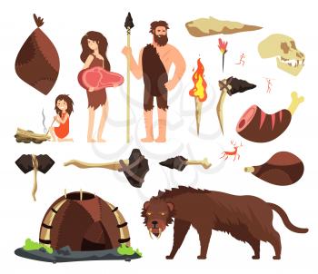 Stone age caveman. Hunting neolithic people, mammoth and prehistoric tools. Vector cartoon ancient human characters. Caveman family and hammer, ax tools illustration