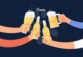 Cheering hands. Cheerful people clinking beer bottle and glasses. Happy drinking holiday vector background. Illustration of alcohol beverage bottle beer, cheers party in pub