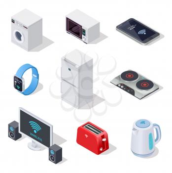 Internet things isometric icons. Household appliances. Wireless electronic devices vector 3d isolated set. Illustration of wireless household isometric, microwave and fridge, washer control