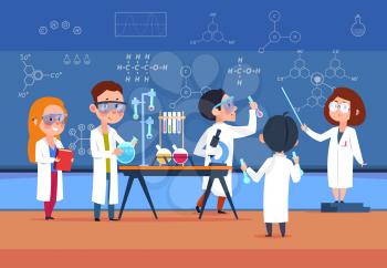 School kids in chemistry lab. Children in science laboratory make test. Cartoon pupils girls and boys in class. Vector illustration. Chemistry school lab experiment, science laboratory for education