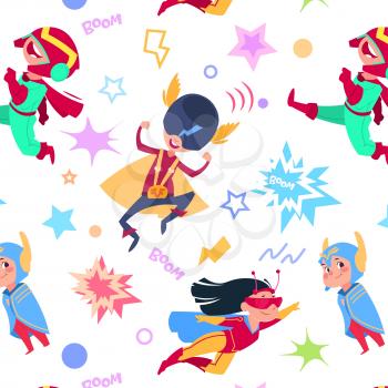 Superhero kids seamless pattern. Cartoon superheroes children. Flying hero super boys and girls vector endless texture. Superhero seamless pattern children costume boy and girl illustration