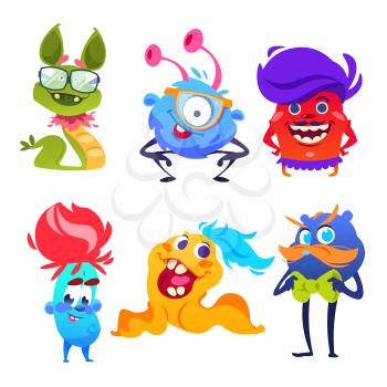 Cute monsters. Happy cartoon mutant and goblin toys. Halloween aliens vector monster set. Cartoon monster halloween, scary and funny illustration
