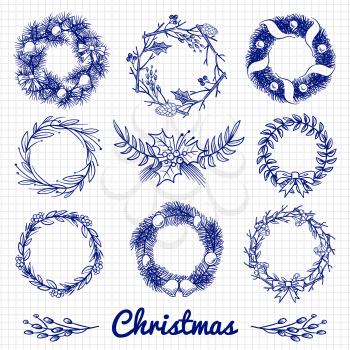 Ballpoint pen drawing Christmas doodle wreath and decorative branches. Vector christmas wreath decoration, winter greeting xmas illustration