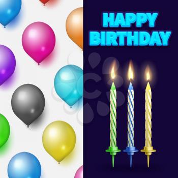 Birthday party banner or card template with realistic cake candles and balloons. Vector illustration