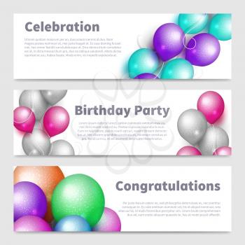 Birthday party banners with celebration realistic balloons vector set isolated on white illustration