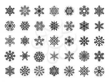 Black festive vector snowflakes set. Christmas holydays decoration elements isolated on white background. Snow winter snowflake, xmas snowy illustration