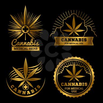 Cannabis banners or labels design. Gold medical logos vector set illustration