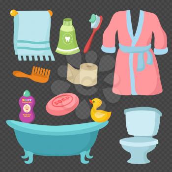 Cartoon bathroom accessories vocabulary vector isolated on transparent background illustration