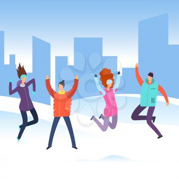 Cartoon people in winter clothes on city landscape jumping. Happy merry christmas holiday vacation vector concept illustration