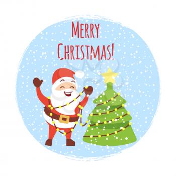 Cute cartoon Santa with Christmas tree and snowfall. Cartoon Christmas card vector template illustration isolated on white
