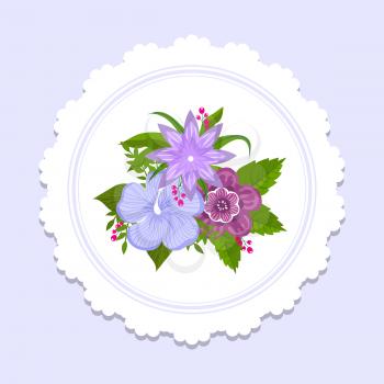 Floral plate decor vector design. Banner with colorful bouquette with green leaves illustration