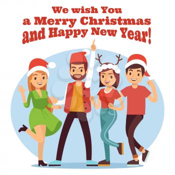 Friends celebrate Christmas. Merry Christmas and New Year party with happy cartoon girls and boys illustration vector