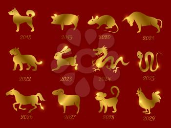 Gold chinese horoscope zodiac animals. Vector symbols of year isolated on red backdrop. Illustration of calendar astrological monkey and rooster