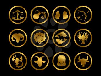 Golden horoscope zodiac vector signs. Astrology symbols set isolated on black background illustration