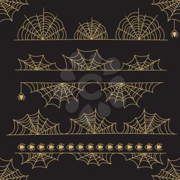 Gold Halloween vector frame border and dividers with spider web isolated on black background illustration