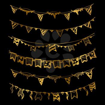 Gold holiday garlands with light bulbs party lights and flags vector set illustration