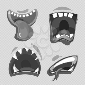 Grey monster mouths vector isolated on transparent background. Cartoon characters collection illustration