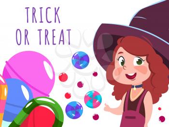 Halloween banner with cartoon character witch and sweets. Vector illustration