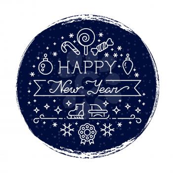 Happy New Year grunge banner with snowfall and line icons isolated on white background illustration vector