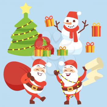 Happy Santa Claus flat character with gift bag, snowman, Christmas tree and gift box illustrations isolated on blue vector