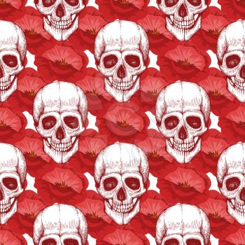 Human skull sketch and red poppy flowers seamless pattern illustration background