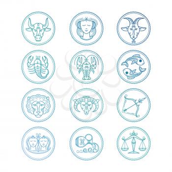 Line icons Zodiac signs vector set. Colorful horoscope emblems isolated on white illustration