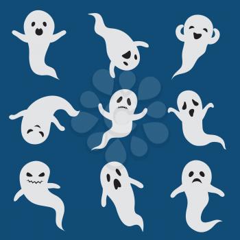 Scary ghosts. Cute halloween ghost. White silhouette vector boohoo ghostly characters isolated. Cartoon ghost halloween, scary silhouette ghostly illustration