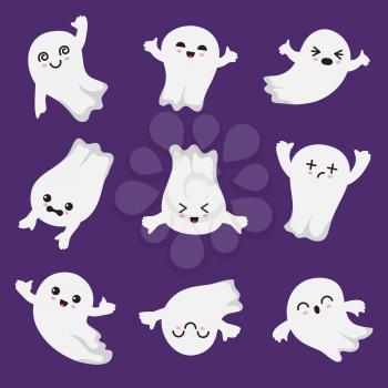 Cute kawaii ghost. Halloween scary ghostly characters. Ghost vector collection in japanese style. Illustration of halloween ghost soar, mysterious fly ghostly