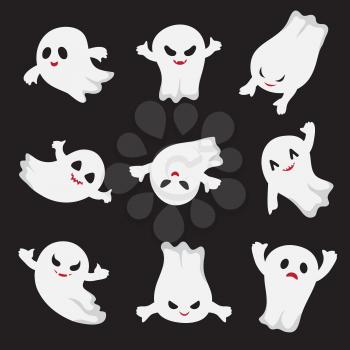 Halloween ghost. Ghostly cute cartoon characters. Devil monsters for frightened child. Vector collection spooky evil, scary ghost, horror ghostly illustration