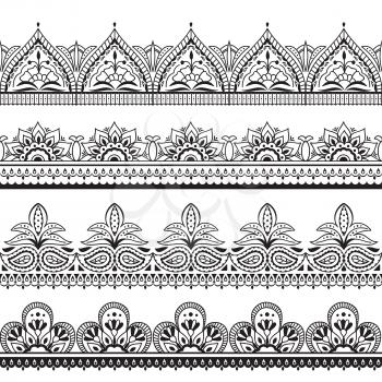 Mehndi indian design. Henna oriental seamless borders. Indian floral ornament vector frames. Illustration of border seamless pattern tattoo embellishment