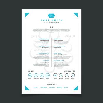 Cv template. Professional resume design with business details. Curriculum and best work resume vector mockup. Illustration of interview candidate, education skill and language, experience and hobby