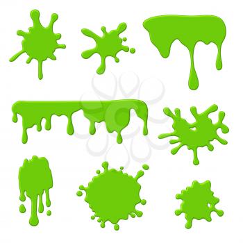 Green slime. Goo spooky dripping liquid, blots and splashes. Border for halloween scary slime banner. Vector isolated set. Illustration green stain and blob, slime splash, slimy ooze