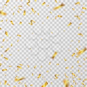 Gold confetti. Golden yellow ribbons flying down glitter isolated. Wedding party christmas background. Banner with confetti for festival, festive ribbon wedding illustration