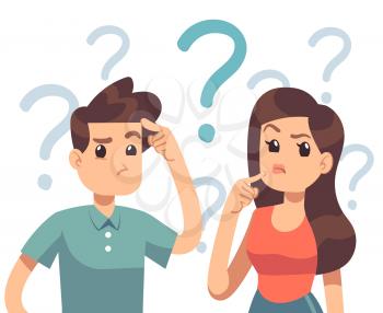 Young troubled couple. Confused woman and man thinking together. People with question marks vector illustration. Man and woman with question, thinking guy