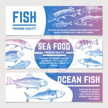 Fish banners. River and ocean sketch fishes seafood packaging vector labels. Poster and banner packaging for seafood illustration