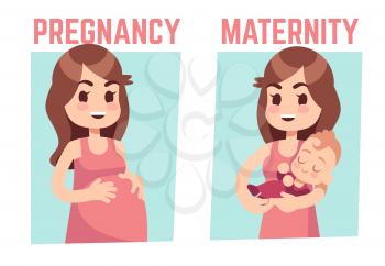 Pregnancy and maternity concept. Young pregnant woman and happy mother with newborn baby. Vector illustration mother with baby, motherhood concept